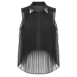 Zinga Pleated Embellished Collar Sheer Sleeveless Black Blouse Romantic Size L